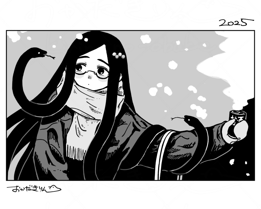 1girl 2025 can chinese_zodiac closed_mouth commentary_request dot_mouth drink glasses greyscale hand_up highres holding holding_can holding_drink jacket kirin_no_obake long_hair long_sleeves looking_at_animal mittens monochrome original outdoors outstretched_arm parted_bangs scarf semi-rimless_eyewear snake_hair snake_wrapped_around_arm solo under-rim_eyewear upper_body very_long_hair year_of_the_snake