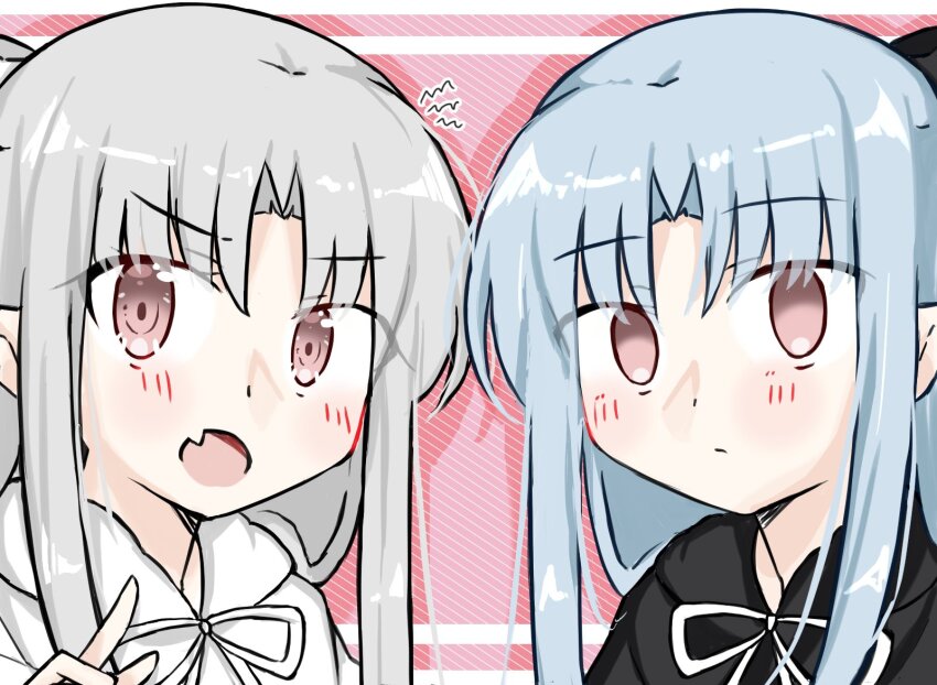 02surume 2girls :o blue_hair blush commentary curtained_hair dot_nose fang grey_hair highres len_(tsukihime) looking_at_viewer multiple_girls raised_eyebrows red_background red_eyes skin_fang symbol-only_commentary tsukihime white_len_(tsukihime)