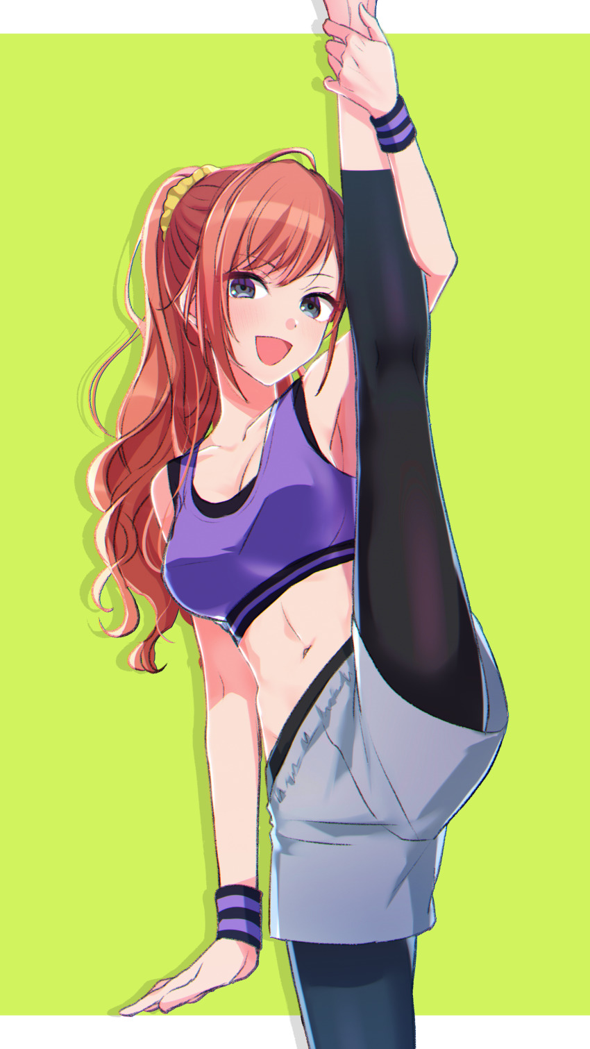 1girl absurdres arisugawa_natsuha breasts commentary_request green_background hair_ornament hair_scrunchie highres idolmaster idolmaster_shiny_colors leg_hold leg_up leggings leggings_under_shorts long_hair looking_at_viewer navel pantyhose ponytail scrunchie shorts solo split sports_bra standing standing_on_one_leg standing_split wristband yoi_r