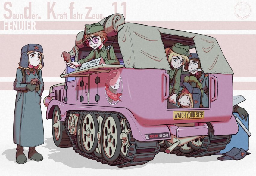 1other 5girls artist_name blonde_hair blue_eyes boots bound brown_eyes brown_hair buck_teeth bumper_sticker coat fenuier food food_truck fur_hat green_coat green_hat half-track hat highres ice_cream military_hat military_uniform military_vehicle motor_vehicle multiple_girls original pink-framed_eyewear punching red_star round_eyewear russian_text sdkfz_11 simple_background star_(symbol) teeth thick_eyebrows tied_up_(nonsexual) transformers unconscious unworn_hat unworn_headwear ushanka vehicle_focus