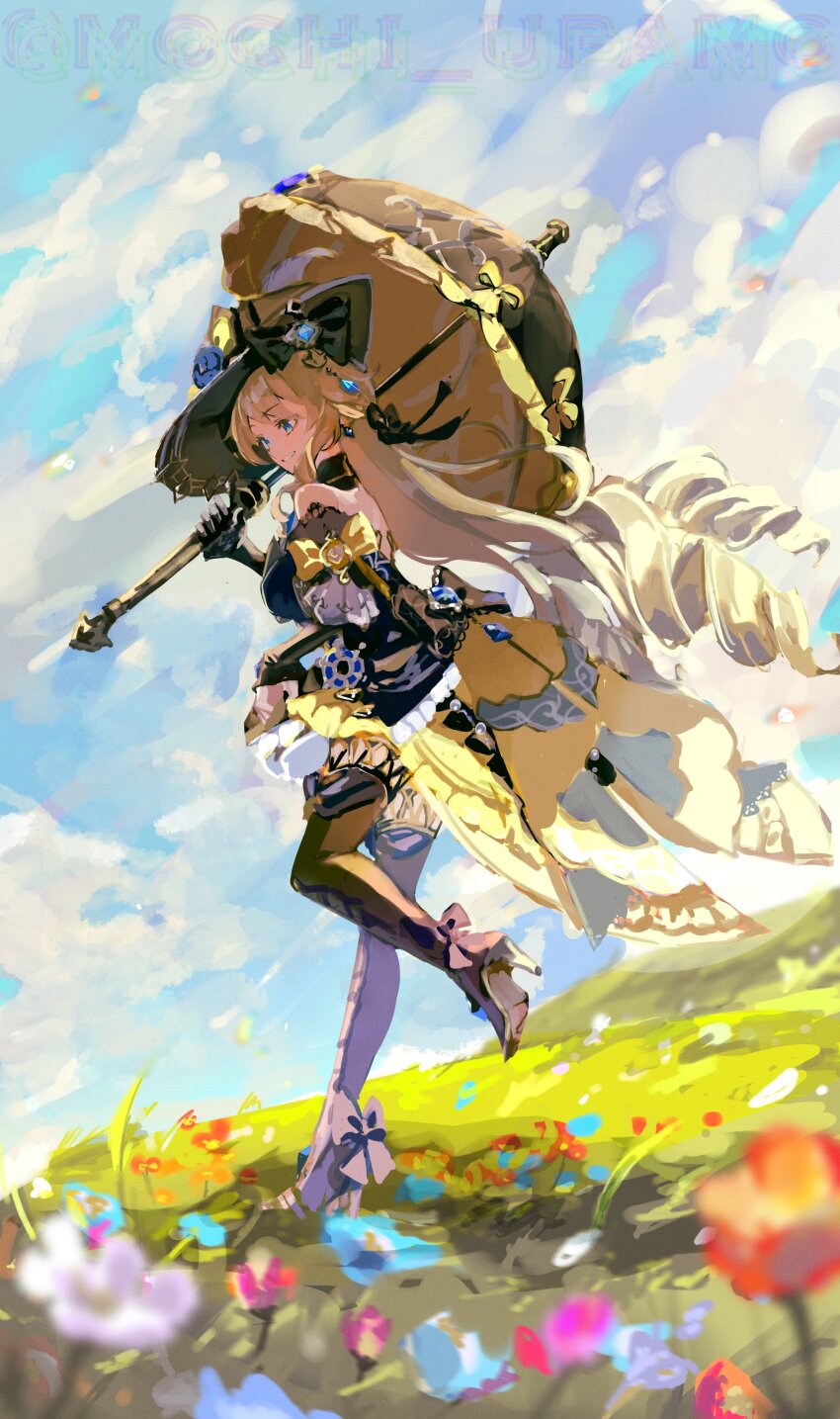 1girl absurdres black_footwear black_hat blonde_hair blue_eyes bow cloud cloudy_sky commentary dress drill_hair flower foot_up from_side full_body genshin_impact grass hat highres holding holding_umbrella long_hair mochi_upamo navia_(genshin_impact) sky smile solo umbrella very_long_hair yellow_bow