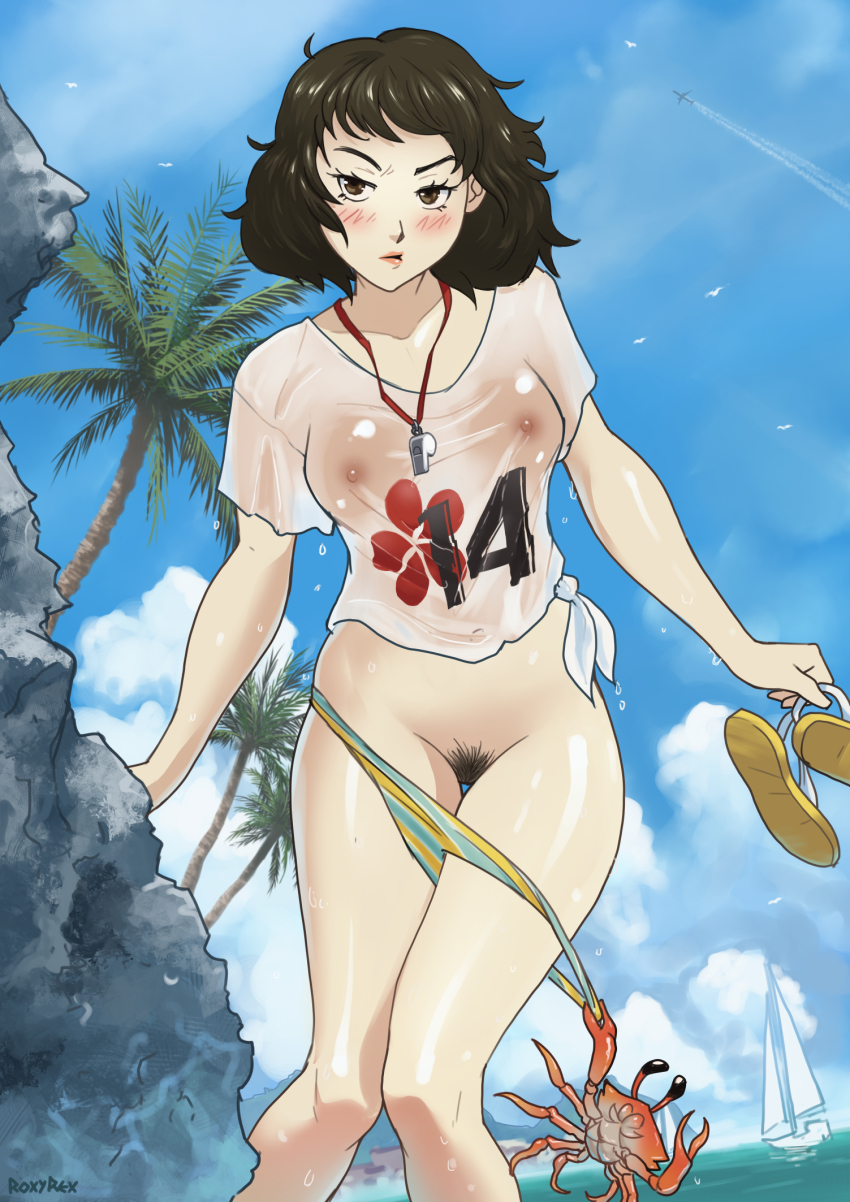 1girl beach bikini bikini_bottom_pull black_hair blue_sky blush boat breasts claws cloud covered_erect_nipples crab crop_top female_pubic_hair flip-flops highres holding holding_sandals kawakami_sadayo knees_together_feet_apart ocean palm_tree persona persona_5 pubic_hair pussy rock roxy_rex sandals see-through_clothes see-through_shirt shirt sky solo striped_bikini striped_clothes swimsuit thigh_gap tied_shirt tree watercraft wet wet_clothes wet_shirt whistle whistle_around_neck