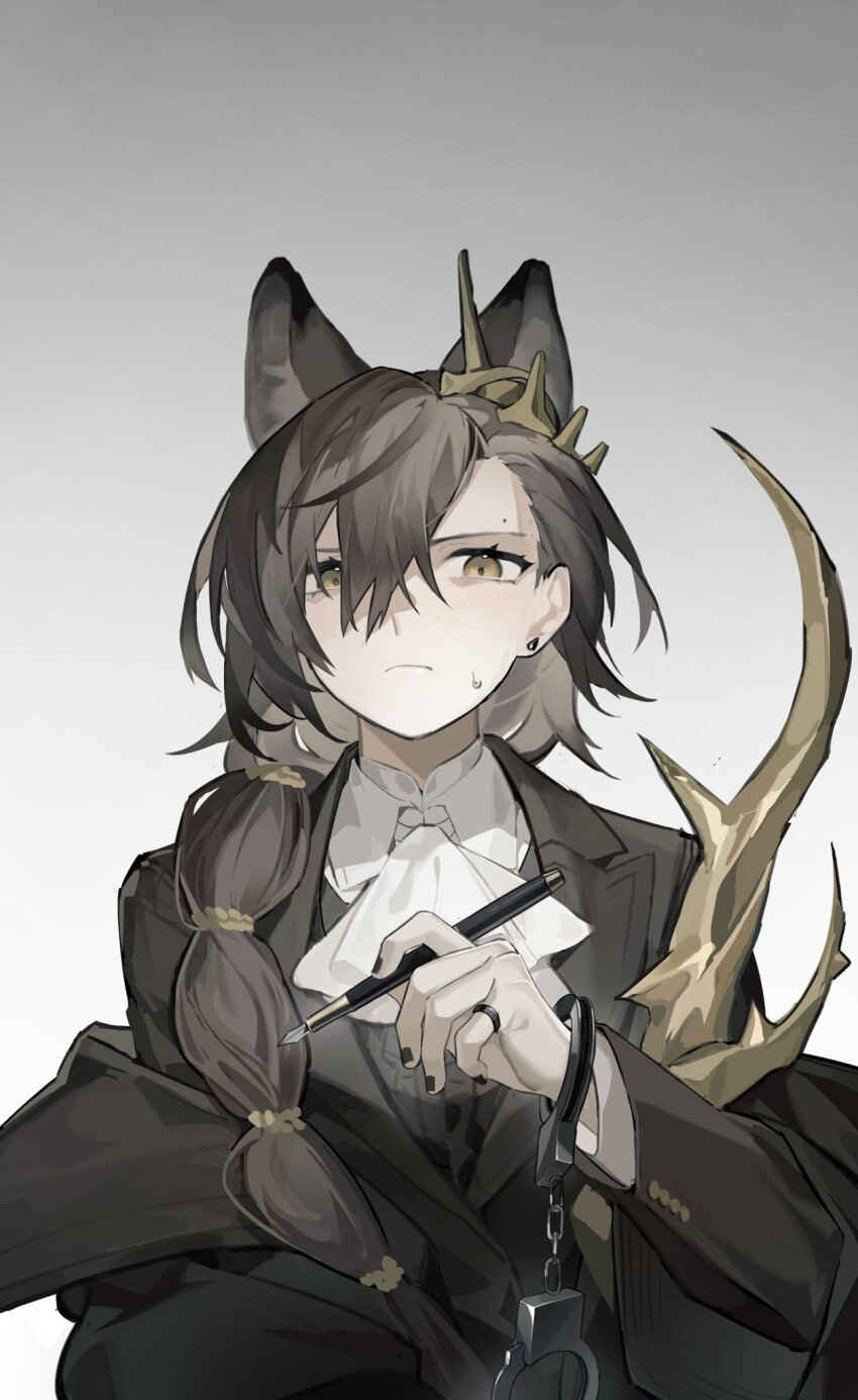 1girl akechi_(826988799) animal_ears arknights ascot black_jacket black_nails braid closed_mouth cuffs earrings grey_hair handcuffs highres holding holding_pen jacket jewelry long_hair long_sleeves mole mole_above_eye nail_polish pen penance_(arknights) ring simple_background single_braid single_handcuff solo sweat white_ascot wolf_ears wolf_girl yellow_eyes