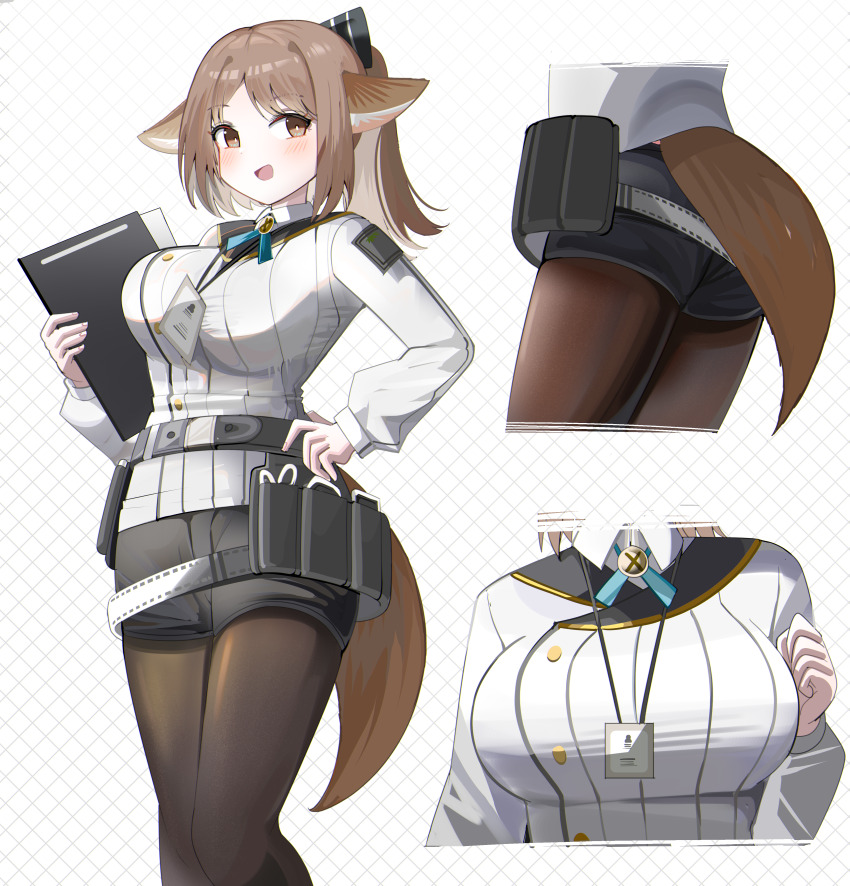 1girl :d absurdres animal_ears arknights belt black_belt black_shorts blue_ribbon blush breasts bright_pupils brown_eyes brown_hair brown_pantyhose brown_tail commentary_request hand_on_own_hip hand_up highres holding lanyard large_breasts long_sleeves medium_hair multiple_views neck_ribbon official_alternate_costume open_mouth pantyhose perfumer_(arknights) perfumer_(species_plantarum)_(arknights) ponytail ribbon shirt short_shorts shorts smile spam_(spamham4506) tail white_background white_pupils white_shirt