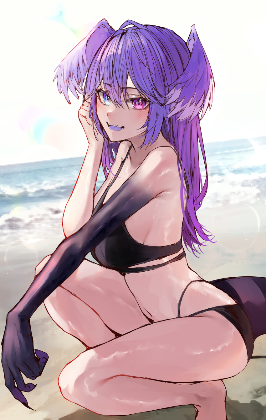 1girl absurdres asymmetrical_arms beach bikini black_bikini blue_eyes blush breasts dragon_girl dragon_tail from_side hair_between_eyes head_wings heterochromia highres large_breasts long_hair looking_at_viewer naokomama navel nijisanji nijisanji_en open_mouth pink_eyes purple_hair selen_tatsuki sideboob smile solo squatting swimsuit tail teeth virtual_youtuber wings