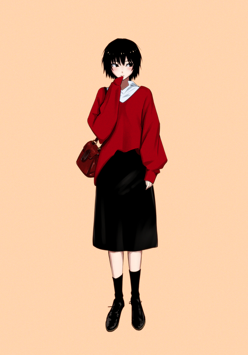 1girl absurdres amagami arm_at_side averting_eyes bag baggy_clothes black_eyes black_footwear black_hair black_skirt black_socks blush brown_background brown_bag closed_mouth collared_shirt commentary dress_shirt expressionless eyelashes facing_viewer full_body hand_to_own_mouth handbag highres holding holding_bag long_sleeves looking_to_the_side medium_skirt nanasaki_ai oshizu red_sweater shirt shoes simple_background skirt sleeves_past_fingers sleeves_past_wrists socks solo standing straight-on sweater white_undershirt