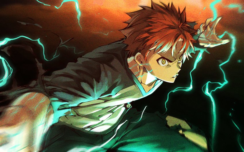 1boy absurdres clenched_teeth emiya_shirou energy fate/stay_night fate_(series) foreshortening glowing_lines highres in_(ain) magic magic_circuit male_focus motion_blur orange_hair teeth torn_clothes yellow_eyes