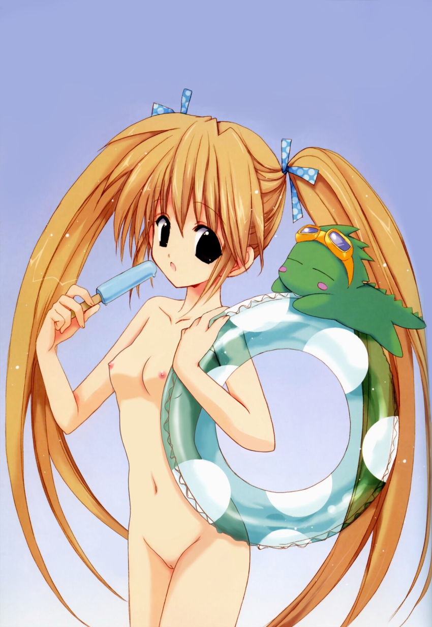 1girl black_eyes blush_stickers breasts female_focus food goggles hair_ribbon highres innertube lizard long_hair nanase_aoi navel nipples nude open_mouth orange_hair original popsicle pussy ribbon small_breasts solo swim_ring twintails uncensored very_long_hair