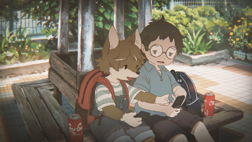 2boys animal_ears backpack bag bench black_hair black_shorts blue_shirt blurry brown_hair can cellphone child coca-cola collared_shirt day denim depth_of_field dog_boy dog_ears drink_can furry furry_male glasses highres holding holding_phone looking_at_phone multicolored_hair multiple_boys nishiko open_mouth original outdoors overalls phone red_bag round_eyewear shirt short_sleeves shorts sitting smartphone streaked_hair striped_clothes striped_shirt white_hair