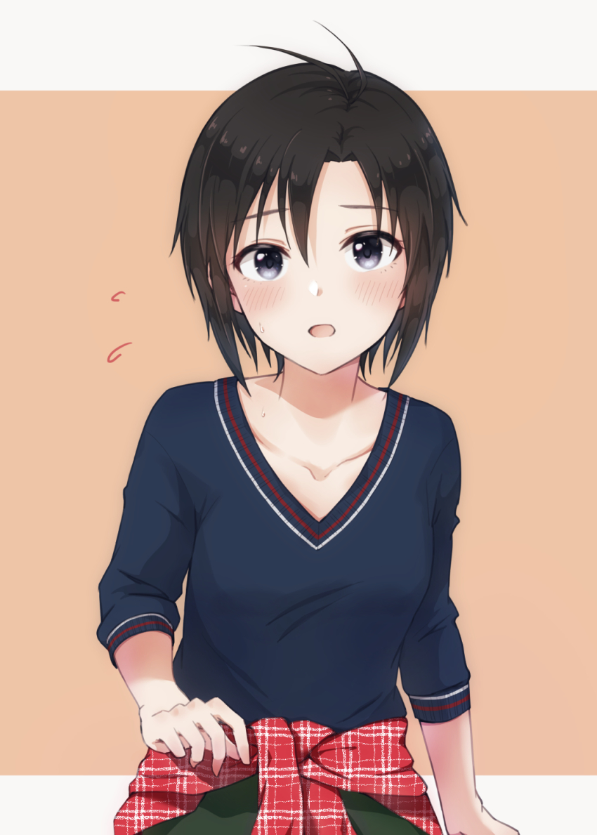 1girl black_hair blush flying_sweatdrops grey_eyes highres idolmaster idolmaster_(classic) idolmaster_2 kikuchi_makoto mogskg open_mouth short_hair solo upper_body v-neck