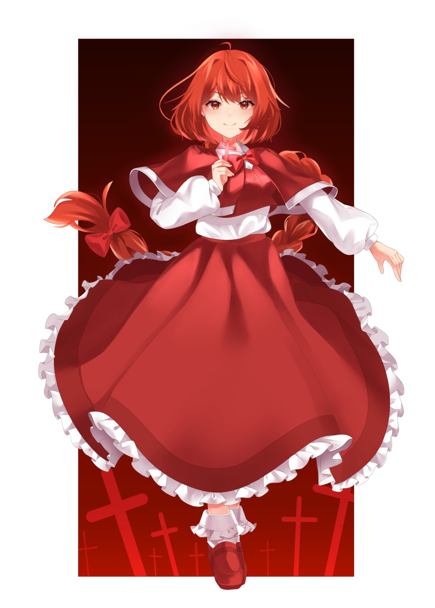 1girl absurdres ahoge blush bobby_socks border bow bowtie braid braided_ponytail capelet commentary_request cross frilled_skirt frills full_body hair_bow hair_ribbon highres loafers long_hair long_skirt long_sleeves looking_at_viewer milll_77 okazaki_yumemi red_bow red_bowtie red_capelet red_eyes red_footwear red_hair red_skirt revision ribbon shirt shoes skirt smile socks solo touhou touhou_(pc-98) white_border white_shirt white_socks