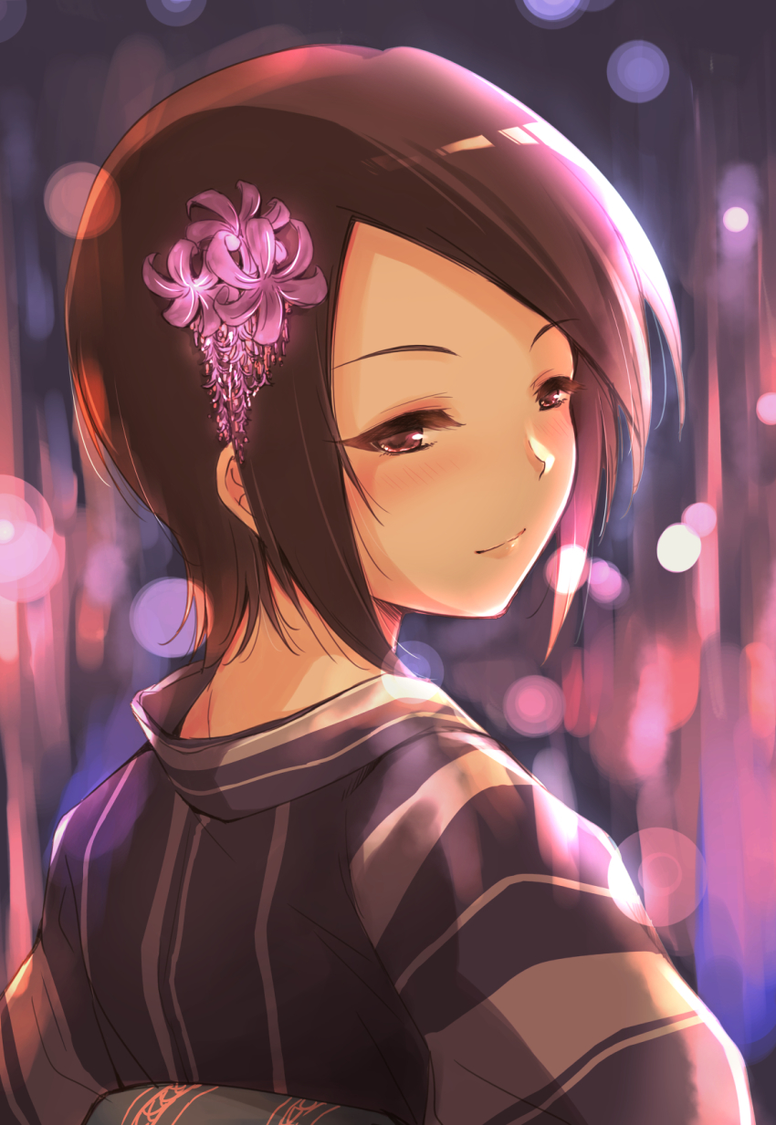 1girl black_hair blurry blush depth_of_field flower from_behind hair_ornament highres idolmaster idolmaster_cinderella_girls japanese_clothes kimono looking_at_viewer looking_back minori_(m-noir) nape short_hair smile solo togo_ai upper_body