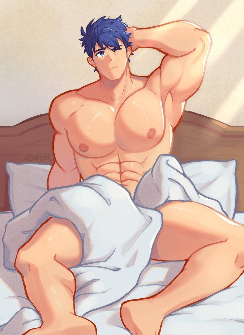 1boy abs arm_up armpits bara bed biceps blanket blue_eyes blue_hair closed_mouth covering_with_blanket feet_out_of_frame fire_emblem fire_emblem:_radiant_dawn highres ike_(fire_emblem) jon_(jonigiri) large_pectorals male_focus muscular nintendo nipples on_bed one_eye_closed pectorals pillow presenting_armpit shiny_skin solo thighs twitter_username