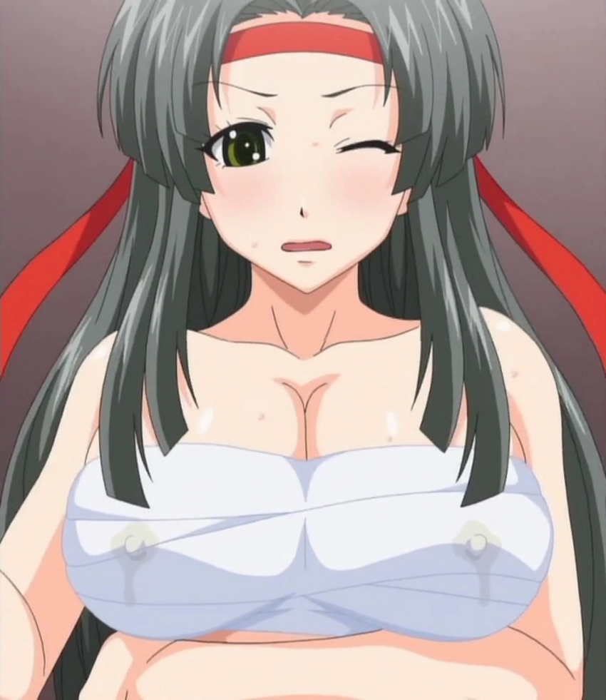 1girl bandages bandages_around_chest bare_shoulders blush breasts cleavage covered_erect_nipples drinking female_focus green_eyes grey_hair headband highres lactation lactation_through_clothes large_breasts long_hair midriff one_eye_closed paizuri_cheerleader_vs_sakunyuu_ouendan red_headband sarashi solo stitched sweat t-rex_(animation_studio) takayanagi_yuuko third-party_edit