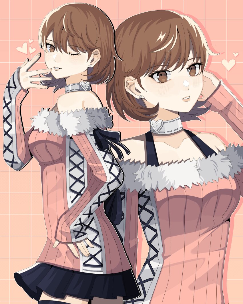 1girl absurdres bare_shoulders black_ribbon black_skirt black_thighhighs bobamiruku breasts brown_eyes brown_hair checkered_background choker collarbone commentary cowboy_shot cross-laced_sweater earrings from_side fur-trimmed_sweater fur_trim halterneck hand_on_own_hip hand_up heart heart_choker highres jewelry long_sleeves looking_at_viewer looking_to_the_side medium_breasts miniskirt multiple_views off-shoulder_sweater off_shoulder official_alternate_costume one_eye_closed parted_lips persona persona_3 persona_3_reload pink_background pink_sweater pleated_skirt ribbed_sweater ribbon short_hair skirt stud_earrings sweater takeba_yukari thighhighs upper_body white_choker zettai_ryouiki