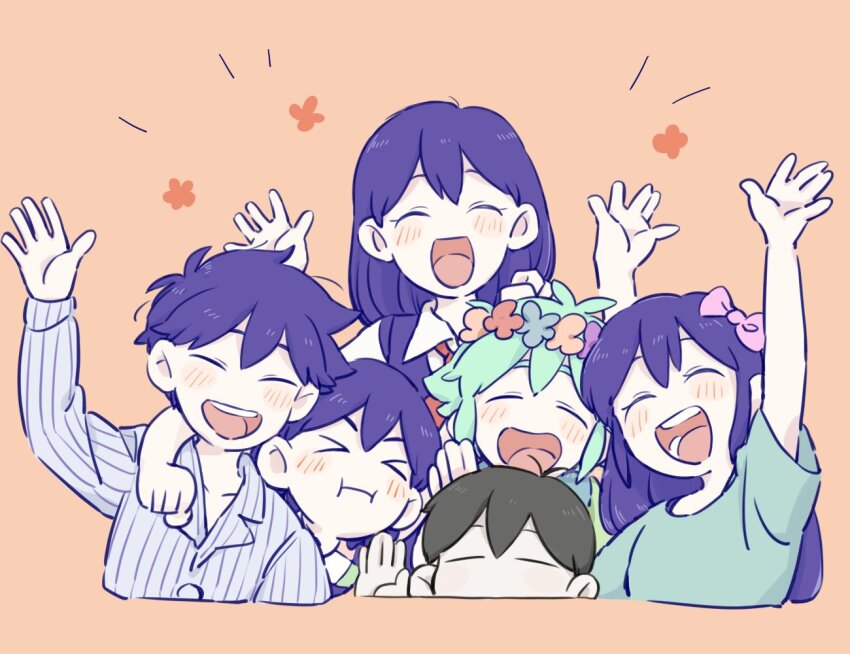 &gt;_&lt; 2girls 4boys :d :i ^_^ antenna_hair arm_up aubrey_(headspace)_(omori) aubrey_(omori) basil_(headspace)_(omori) basil_(omori) black_hair blue_flower blush bow brother_and_sister brothers checkered_clothes closed_eyes closed_mouth collared_shirt commentary_request cropped_torso double-parted_bangs facing_viewer flower flower_wreath green_hair green_shirt hair_behind_ear hair_between_eyes hair_bow hero_(headspace)_(omori) hero_(omori) kel_(headspace)_(omori) kel_(omori) long_hair long_sleeves mari_(headspace)_(omori) mari_(omori) multiple_boys multiple_girls nn_w_ky omori omori_(omori) open_mouth orange_background orange_flower pink_bow purple_flower purple_hair purple_sweater_vest shirt short_hair short_sleeves siblings simple_background smile striped_clothes striped_shirt sweater_vest teeth tongue upper_teeth_only vertical-striped_clothes vertical-striped_shirt white_shirt