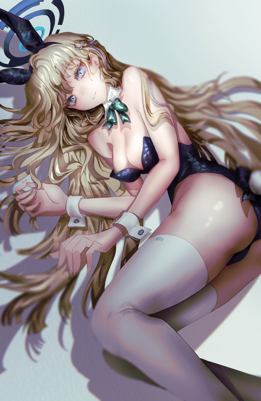 1girl absurdres animal_ears aqua_bow aqua_bowtie bare_shoulders blonde_hair blue_archive blue_eyes blue_halo blue_leotard bow bowtie breasts cleavage coma0987 detached_collar fake_animal_ears fake_tail feet_out_of_frame grey_background grin hair_spread_out halo highleg highleg_leotard highres leotard long_hair looking_at_viewer lying medium_breasts on_side playboy_bunny rabbit_ears rabbit_tail smile solo strapless strapless_leotard tail thighhighs toki_(blue_archive) toki_(bunny)_(blue_archive) very_long_hair white_thighhighs white_wrist_cuffs wrist_cuffs