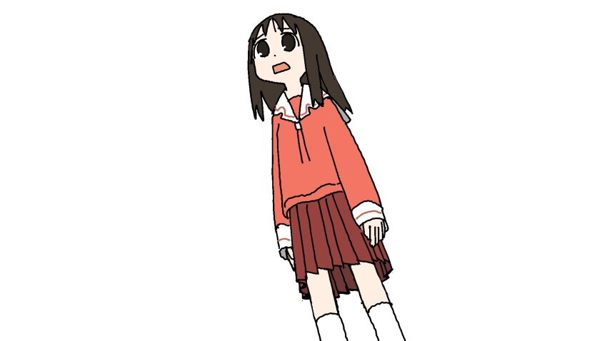 1girl azumanga_daioh&#039;s_school_uniform azumanga_daiou black_eyes black_hair dutch_angle feet_out_of_frame from_below highres kasuga_ayumu medium_hair open_mouth pink_serafuku pink_shirt pleated_skirt red_skirt sailor_collar school_uniform serafuku shirt skirt socks solo tareme tsukumizu_yuu white_background white_sailor_collar white_socks