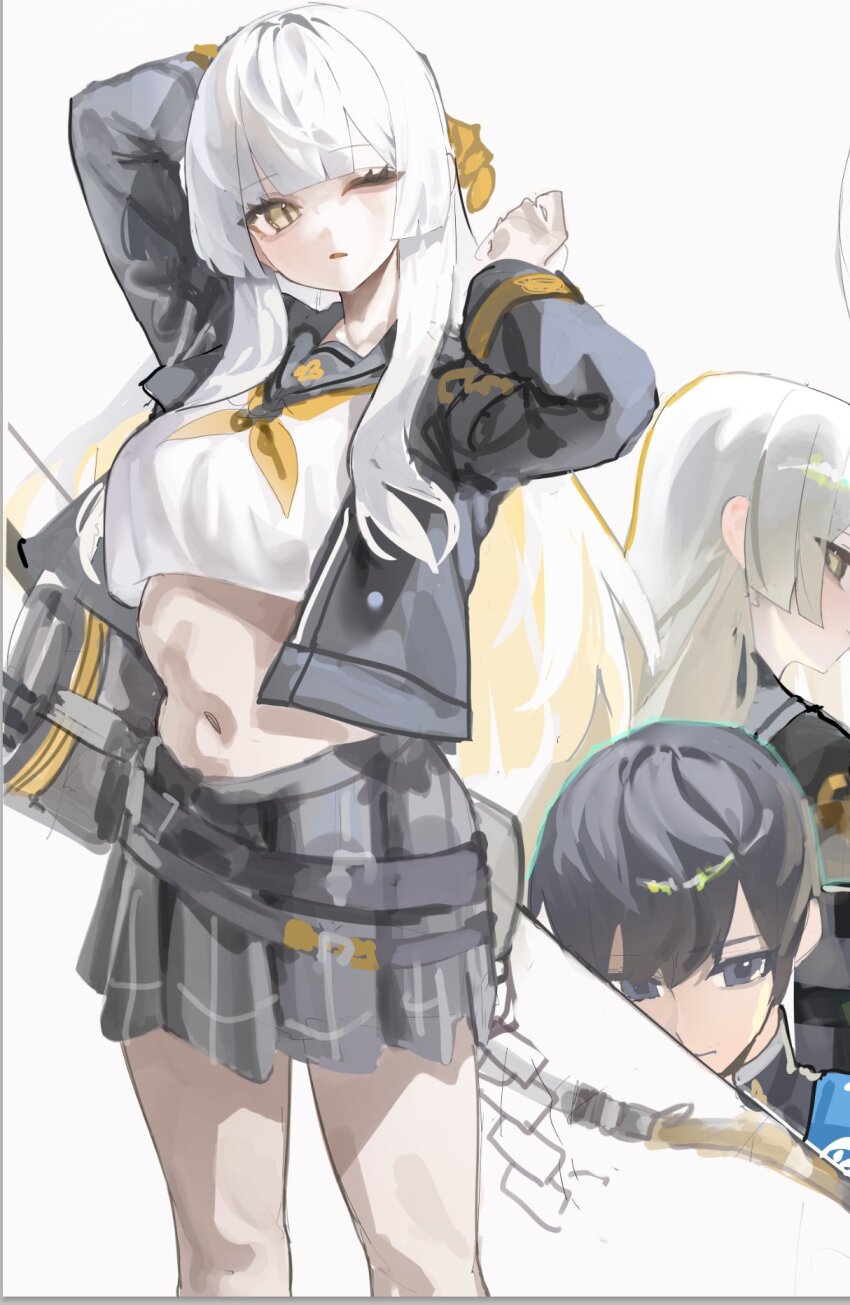 1boy 1girl arm_behind_head arm_up black_hair black_jacket black_sailor_collar black_shirt black_skirt black_survival breasts closed_mouth crop_top crop_top_overhang eternal_return:_black_survival grey_eyes hand_up highres jacket long_hair long_sleeves looking_at_viewer medium_breasts midriff minami_rio miniskirt navel neckerchief one_eye_closed open_clothes open_jacket open_mouth open_shirt parted_lips pleated_skirt sailor_collar school_uniform serafuku shirt short_hair simple_background skirt slit_pupils standing stomach thighs very_long_hair white_background white_hair white_shirt yellow_eyes yellow_neckerchief yohan_(eternal_return) yonchan