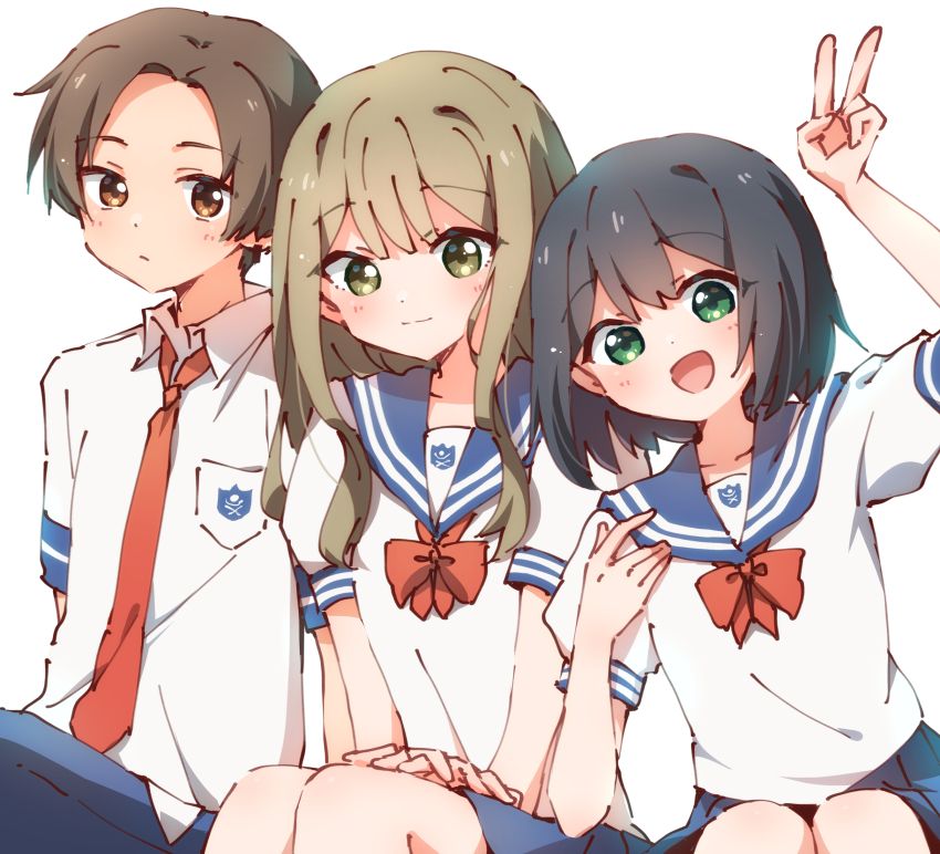 1girl 2girls absurdres aoi_saki_(senpai_wa_otokonoko) black_hair blue_sailor_collar blue_skirt blush bow bowtie brown_hair collarbone commentary_request crossdressing green_eyes hanaoka_makoto highres long_hair multiple_girls necktie nyaa_(nnekoron) open_mouth pants pleated_skirt sailor_collar school_uniform senpai_wa_otokonoko serafuku shirt short_hair short_sleeves simple_background sitting skirt taiga_ryuuji v white_background white_shirt