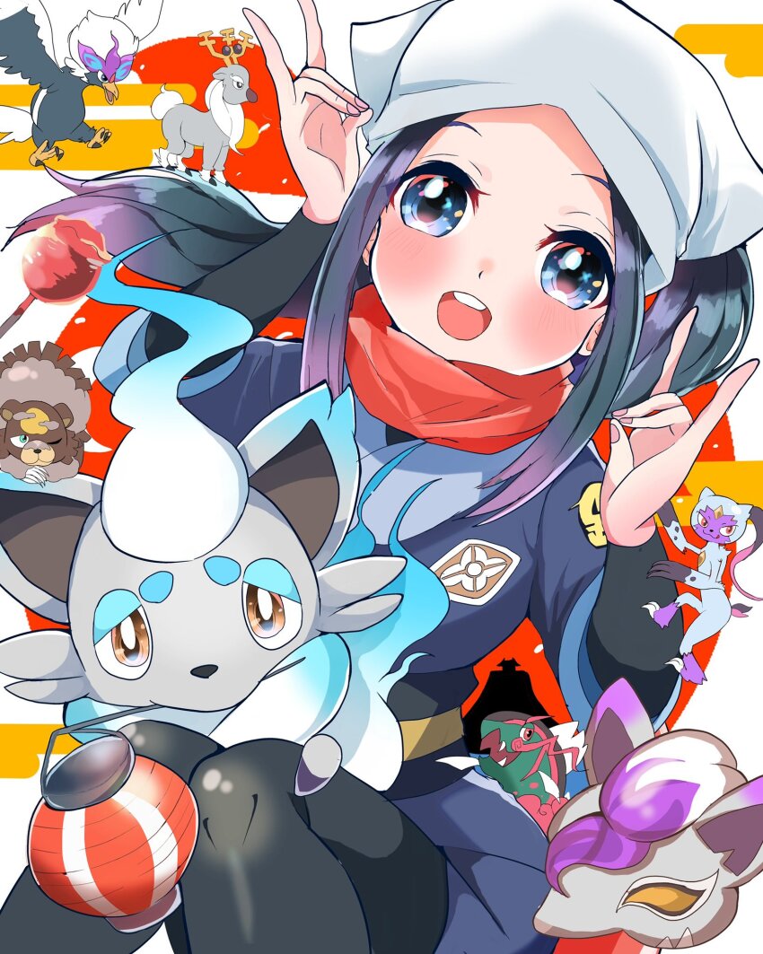 1girl :d akari_(pokemon) alternate_color basculegion black_hair black_pantyhose black_sash blue_eyes blue_jacket blue_skirt blush candy_apple carrot_summer creatures_(company) double_fox_shadow_puppet fingernails food fox_shadow_puppet galaxy_expedition_team_survey_corps_uniform game_freak hands_up headscarf highres hisuian_braviary hisuian_zoroark hisuian_zorua jacket lantern long_hair miniskirt nintendo on_lap open_mouth pantyhose paper_lantern pokemon pokemon_(creature) pokemon_legends:_arceus pokemon_on_lap ponytail red_scarf round_teeth sash scarf shiny_pokemon skirt smile sneasler teeth upper_teeth_only ursaluna wyrdeer