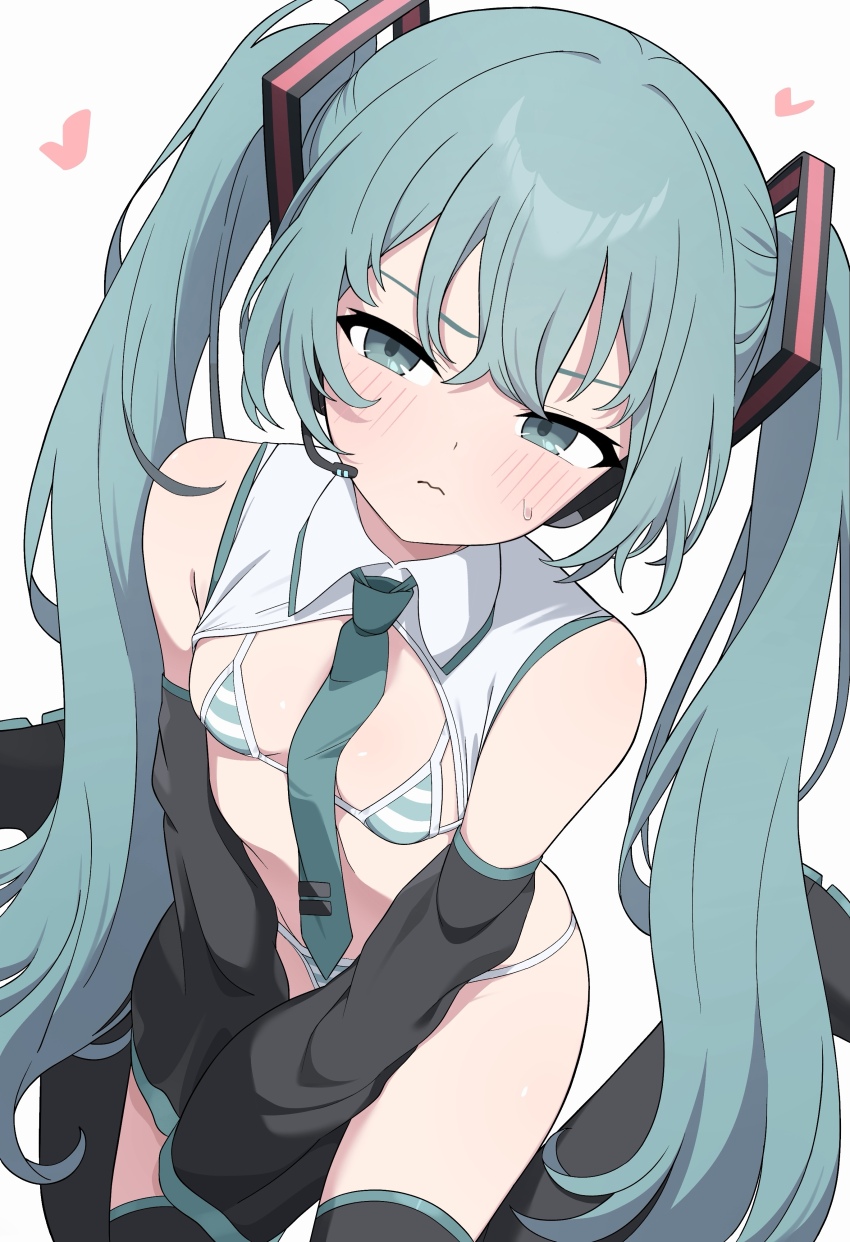 1girl absurdres aqua_bikini aqua_eyes aqua_hair aqua_necktie bare_shoulders bikini blush breasts closed_mouth detached_sleeves from_above frown hatsune_miku heart highres hiroikara_(smhong04) long_hair looking_at_viewer looking_up meme_attire miku_collar_bikini necktie no_tattoo simple_background sitting small_breasts solo striped_bikini striped_clothes sweatdrop swimsuit twintails v-shaped_eyebrows very_long_hair vocaloid wariza white_background