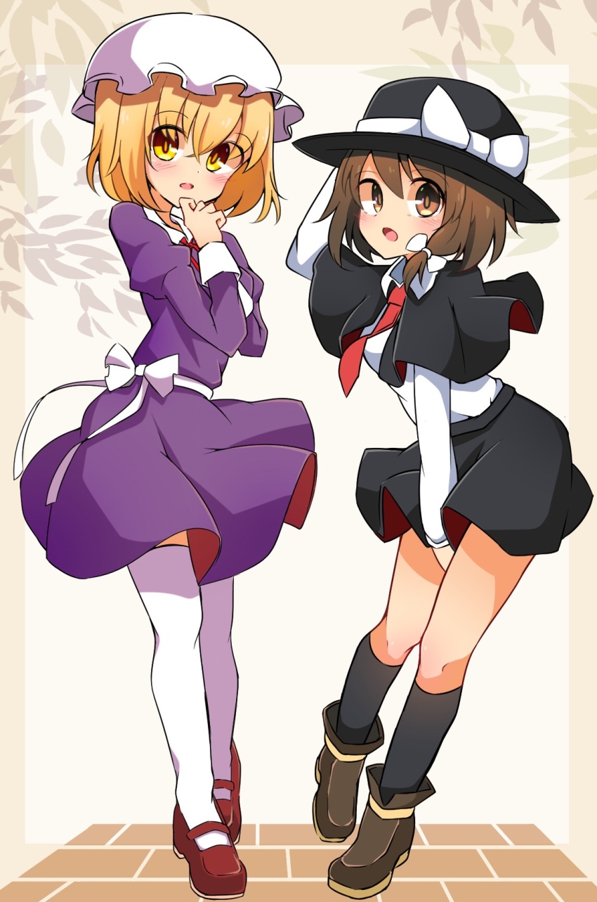 2girls ankle_boots black_capelet black_headwear black_skirt black_socks blonde_hair boots bow brown_eyes brown_footwear brown_hair capelet collared_shirt dress dress_shirt hair_between_eyes hat hat_bow highres inon kneehighs long_sleeves looking_at_viewer maribel_hearn mary_janes mob_cap multiple_girls open_mouth purple_dress red_footwear shirt shirt_tucked_in shoes short_hair skirt socks thighhighs touhou usami_renko white_headwear white_legwear white_shirt yellow_eyes