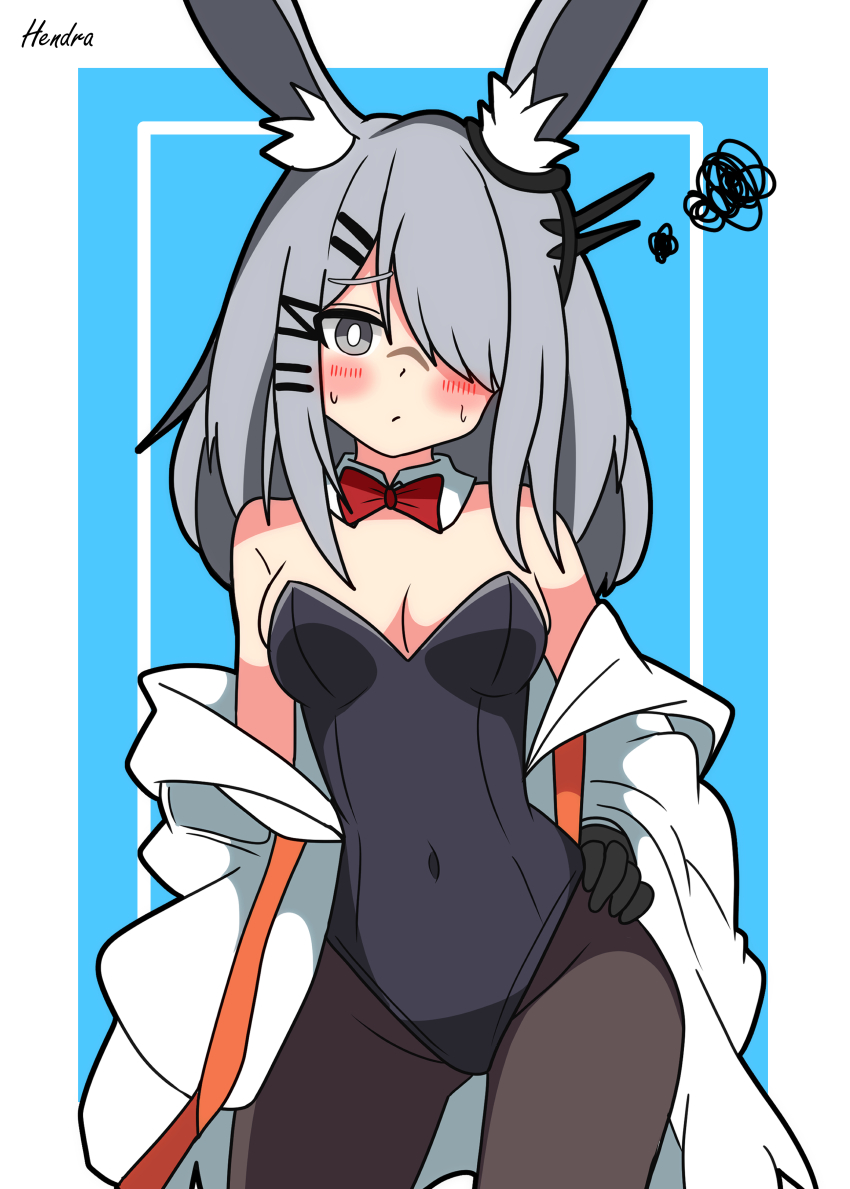 1girl absurdres alternate_costume animal_ears arknights artist_name bare_shoulders black_leotard black_outline blue_background blush border bow bowtie breasts bright_pupils brown_pantyhose cleavage closed_mouth commentary_request contrapposto cowboy_shot detached_collar frostnova_(arknights) grey_eyes grey_hair groin hair_ornament hair_over_one_eye hairclip hand_on_own_hip hendra highleg highleg_leotard highres jacket leotard long_hair looking_at_viewer medium_breasts off_shoulder one_eye_covered outline outside_border pantyhose partial_commentary playboy_bunny rabbit_ears rabbit_girl red_bow red_bowtie scar scar_on_face scar_on_nose signature simple_background solo squiggle standing strapless strapless_leotard sweatdrop traditional_bowtie white_border white_jacket white_pupils