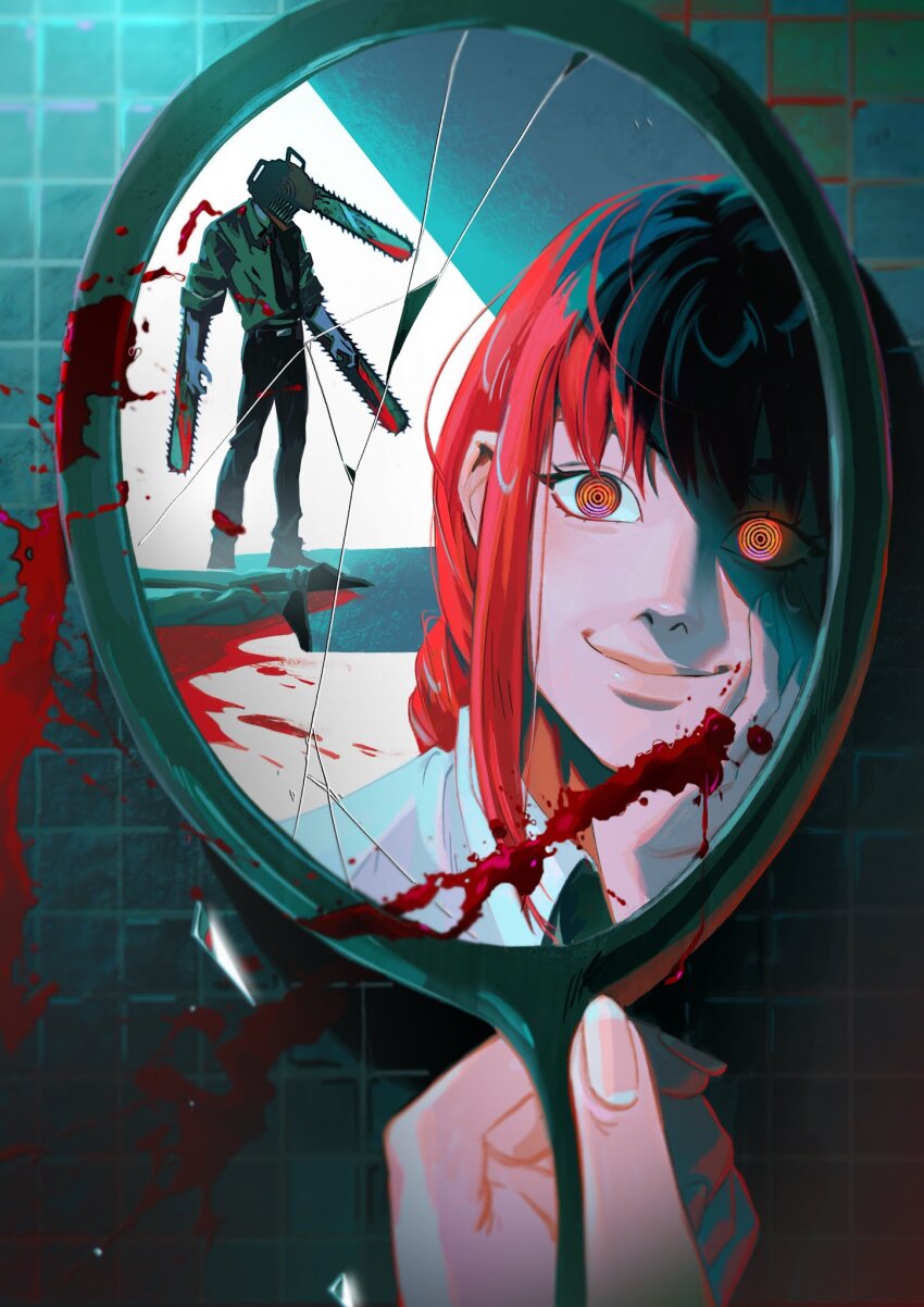 1boy 1girl alisvart blood blood_splatter chainsaw_devil chainsaw_man closed_mouth color_contrast commentary crack cracked_glass crazy_eyes dimple english_commentary glowing glowing_eye hand_on_own_cheek hand_on_own_face highres holding holding_mirror lips looking_at_viewer makima_(chainsaw_man) mirror nose one_eye_in_shadow open_hand orange_eyes reflection reflection_focus smile tiles