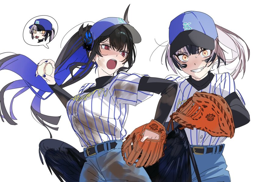 2girls alternate_costume asymmetrical_horns ball baseball_(object) baseball_cap baseball_glove baseball_jersey baseball_uniform belt black_belt black_hair black_nails black_shorts black_wings blue_hair blue_hat blue_pants breasts colored_inner_hair commentary demon_horns dirty dirty_clothes dirty_face eye_black feathered_wings fingernails floating_hair grey_hair grin hair_between_eyes hat highres holding holding_ball hololive hololive_english horns jersey large_breasts layered_sleeves long_hair long_sleeves looking_at_viewer low_wings multicolored_hair multiple_girls nail_polish nerissa_ravencroft open_mouth pants ponytail red_eyes shiori_novella shirt shirt_under_shirt short_over_long_sleeves short_sleeves shorts simple_background smile spoken_character sportswear sweat symbol-only_commentary two-tone_hair uneven_horns upper_body very_long_hair virtual_youtuber white_background white_shirt wings yellow_eyes yomosaka