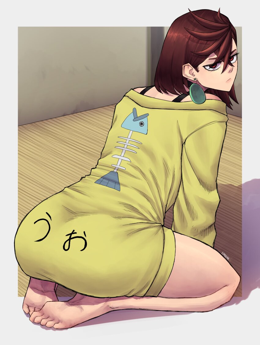 1girl animal_print ayase_momo brown_hair dandadan earrings fish_print jewelry limn044 looking_at_viewer looking_back red_eyes short_hair sweater thighs yellow_sweater