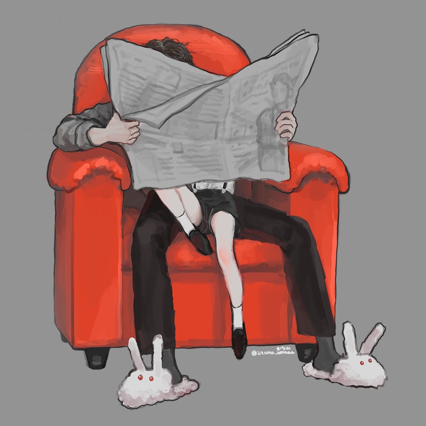 2boys animal_slippers black_hair black_shorts chair child commentary_request full_body grey_background highres holding holding_newspaper male_focus multiple_boys newspaper original reading short_hair shorts simple_background sitting slippers sukuyo_onaka suspender_shorts suspenders