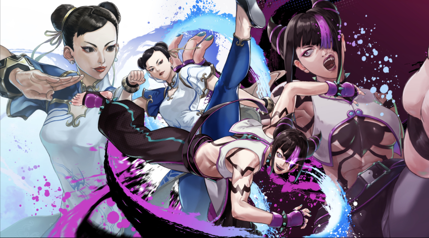 baggy_pants black_hair blue_nails bracelet breasts brown_hair capcom china_dress chinese_clothes chun-li collar commentary double_bun dress feet fingerless_gloves gauss_&lt;bokashi gloves hair_bun hair_horns hair_over_one_eye han_juri highres jewelry makeup mature_female multicolored_hair open_mouth pants pink_nails red_lips spiked_bracelet spiked_collar spikes standing standing_on_one_leg streaked_hair street_fighter street_fighter_6 toeless_footwear