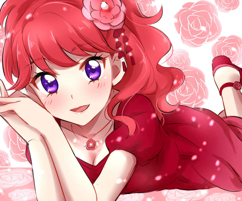 1girl aikatsu! aikatsu!_(series) blush breasts cleavage dress female_focus floral_background flower flower_necklace hair_flower hair_ornament highres jewelry kurebayashi_juri looking_at_viewer lying medium_breasts necklace on_stomach own_hands_together parted_lips puffy_short_sleeves puffy_sleeves purple_eyes red_dress red_hair rose sekina short_sleeves smile solo