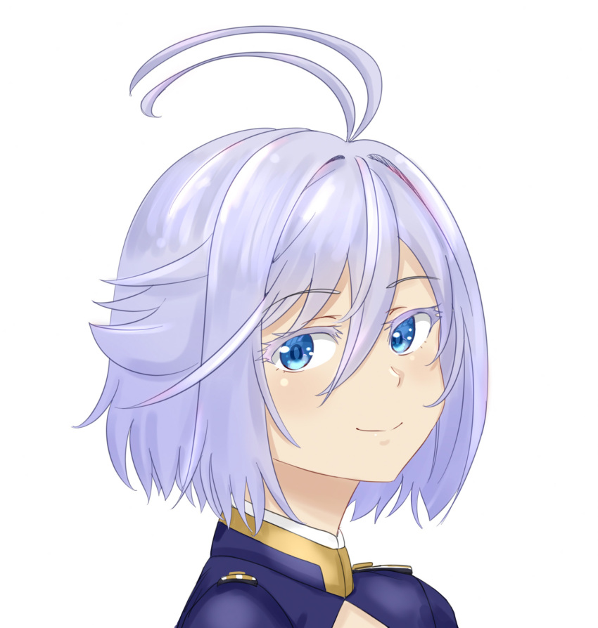 1girl 86_-eightysix- ahoge alternate_hair_length alternate_hairstyle blue_eyes colored_eyelashes commentary english_commentary epaulettes hair_flaps highres looking_at_viewer military military_uniform portrait short_hair silver_hair smile swept_bangs viperxtr vladilena_millize white_background