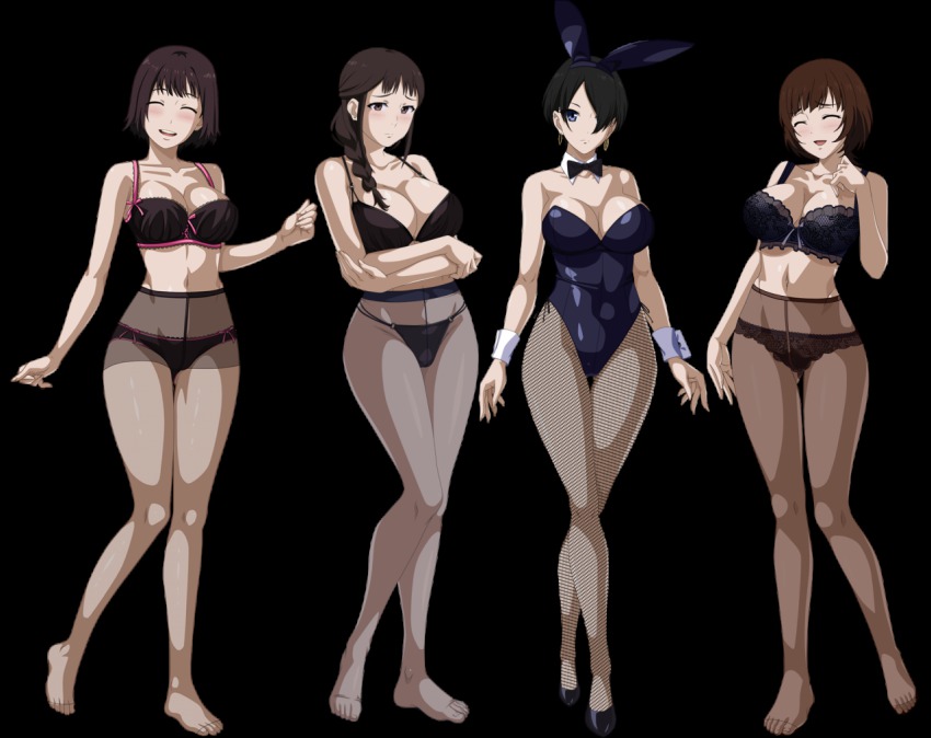 10s 4girls animal_ears artist_request bare_shoulders black_hair blue_eyes bow bowtie bra braid breasts brown_eyes brown_hair cleavage crossed_arms crotch_seam curvy detached_collar earrings closed_eyes fake_animal_ears fishnet_pantyhose fishnets hair_over_one_eye hoop_earrings jewelry lace lace-trimmed_bra lace-trimmed_panties lace_trim large_breasts crossed_legs leotard multiple_girls okitsu_yuka open_mouth panties panties_under_pantyhose pantyhose playboy_bunny rabbit_ears segawa_misato shirobako short_hair smile standing tagme thigh_gap thighband_pantyhose transparent_background underwear wide_hips wrist_cuffs