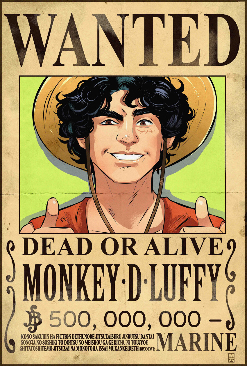 1boy absurdres alternate_hairstyle black_hair brown_eyes character_name commentary curly_hair english_commentary english_text facial_scar hat highres looking_at_viewer male_focus mayank_kumarr monkey_d._luffy one_piece one_piece_(live_action) red_shirt scar scar_on_cheek scar_on_face shirt short_hair signature smile solo straw_hat teeth wanted_poster