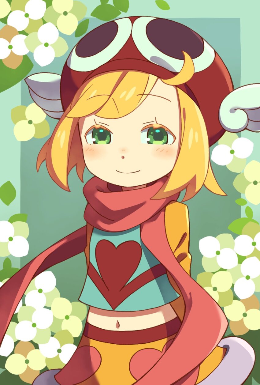 15daifuku820 1girl ahoge amitie_(puyopuyo) aqua_background aqua_border arms_behind_back blonde_hair blue_shirt border breasts closed_mouth cowboy_shot crop_top floral_border flower fur-trimmed_shorts fur_trim green_eyes green_flower hat heart heart_print highres light_blush light_smile long_sleeves looking_ahead medium_hair mega_amitie midriff navel outside_border pink_scarf pink_shorts print_shirt puyopuyo puyopuyo_7 red_hat red_shirt scarf shirt shorts small_breasts solo swept_bangs three_quarter_view two-tone_shirt two-tone_shorts winged_hat yellow_shorts yellow_sleeves