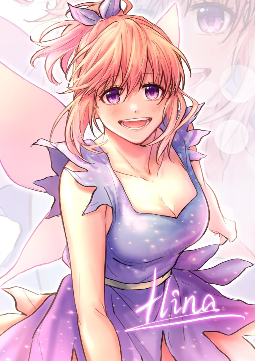 1girl :d blonde_hair breasts character_name cleavage collarbone dress fairy_wings hair_between_eyes hair_ribbon highres honeyworks long_hair looking_at_viewer medium_breasts missrose233 open_mouth ponytail purple_dress purple_eyes ribbon setoguchi_hina sleeveless smile solo wings zoom_layer