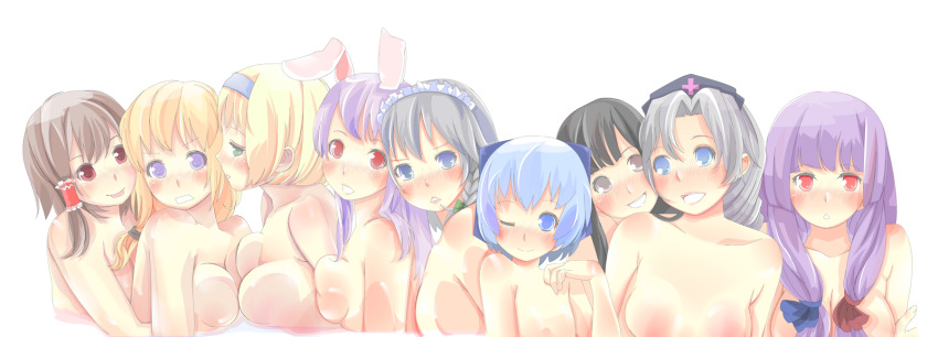 6+girls alice_margatroid animal_ears bad_id bad_pixiv_id black_hair blonde_hair blue_eyes blue_hair blush breast_press breasts brown_eyes rabbit_ears cirno female_focus hakurei_reimu highres houraisan_kaguya izayoi_sakuya kazuha_nanako kirisame_marisa long_hair long_image medium_breasts multiple_girls nanako_(artist) nude patchouli_knowledge purple_hair red_eyes reisen_udongein_inaba short_hair small_breasts symmetrical_docking tongue touhou wide_image yagokoro_eirin yuri