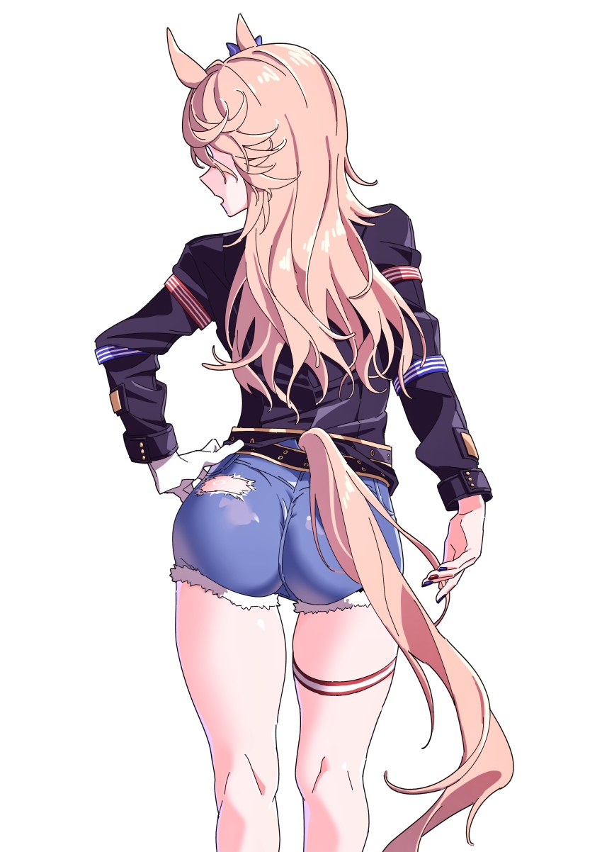 1girl absurdres animal_ears ass belt black_belt black_jacket blonde_hair blue_bow bow clothing_cutout commentary denim denim_shorts ear_bow feet_out_of_frame from_behind gold_city_(umamusume) hand_on_own_hip highres horse_ears horse_girl horse_tail jacket kneepits long_hair long_sleeves sarabure shorts simple_background solo studded_belt tail tail_through_clothes thigh_strap umamusume white_background