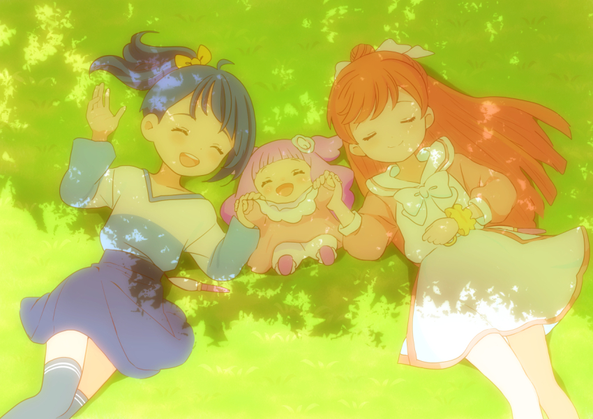 3girls blue_hair blue_shirt blue_skirt blue_theme bow bowtie closed_eyes closed_mouth collared_dress commentary_request dappled_sunlight dress ellee-chan from_above grass hair_bun hair_ribbon hirogaru_sky!_precure holding_hands kyanos_(b_0000ff) long_hair long_sleeves lying medium_hair miniskirt mirage_pen multiple_girls nijigaoka_mashiro on_back on_ground open_mouth partial_commentary pink_dress pink_hair precure ribbon scrunchie shirt side-by-side side_ponytail single_hair_bun skirt smile sora_harewataru sunlight t-shirt two-tone_dress v-neck white_bow white_bowtie white_dress white_ribbon wrist_scrunchie yellow_ribbon yellow_scrunchie