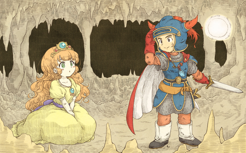 1980s_(style) 1boy 1girl 4ma4ma5ma :o armor blue_armor blue_helmet blunt_bangs cape cavern commentary_request curly_hair dirty dirty_clothes dirty_face dragon_quest dragon_quest_i dress fake_horns gloves gold_tiara green_eyes hand_on_headwear hand_on_helmet hatching_(texture) helmet hero_(dq1) highres holding holding_sword holding_weapon horned_helmet horns jewelry long_hair necklace oldschool orange_hair princess princess_laura puffy_short_sleeves puffy_sleeves red_cape red_gloves short_sleeves sitting sword two-sided_cape two-sided_fabric weapon white_cape white_gloves yellow_dress