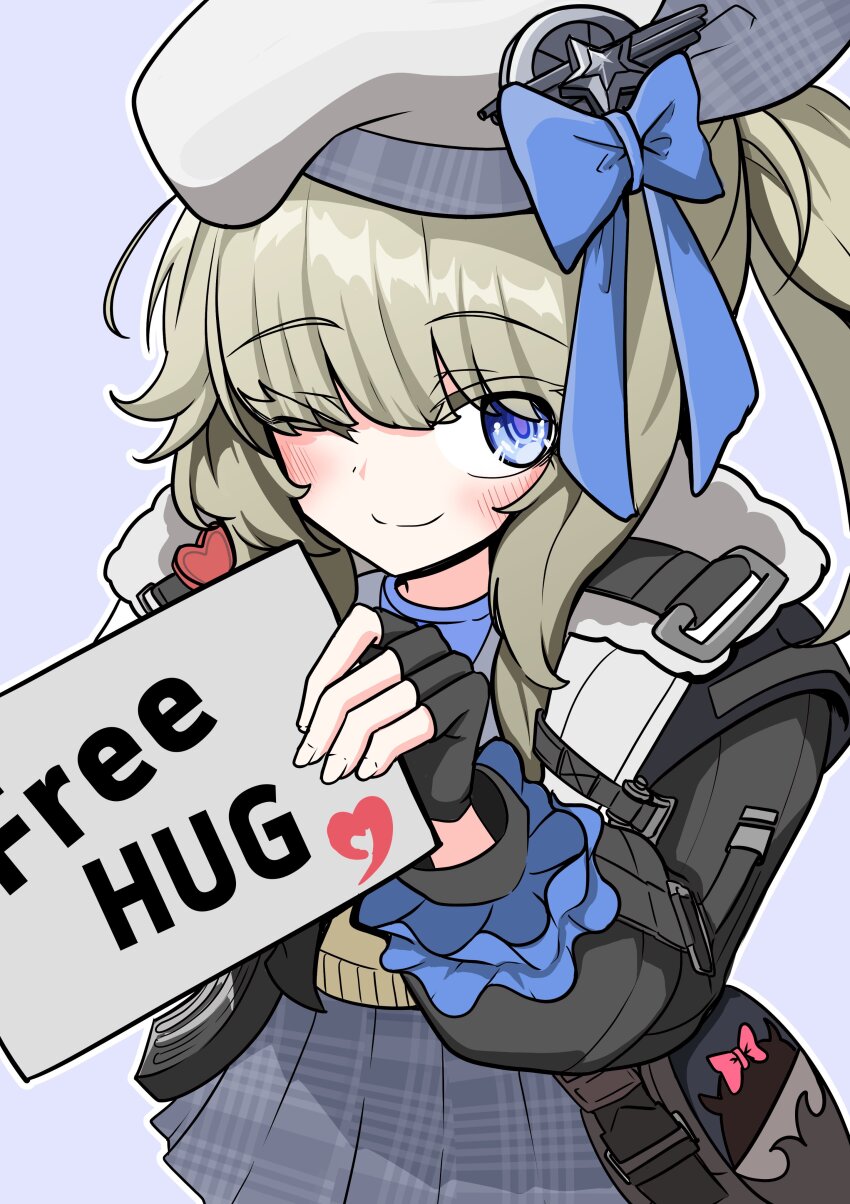 absurdres aktmvltm blonde_hair blue_eyes elmo_dormitory_outfit free_hugs girls&#039;_frontline_2:_exilium hat heart_stickers highres holding one_eye_closed one_side_up sweater_vest vepley_(girls&#039;_frontline_2) white_hat yellow_sweater_vest