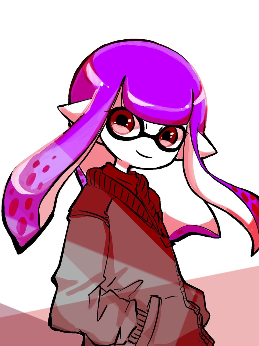 1girl hands_in_pockets highres inkling inkling_girl inkling_player_character jacket long_hair nintendo pale_skin pointy_ears purple_hair red_jacket simple_background smile solo splatoon_(series) standing tora_kaede zipper