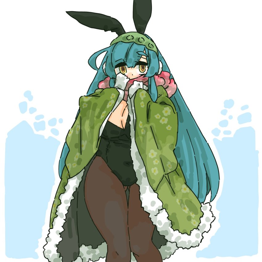 1girl animal_ears black_leotard blanket breasts cleavage commentary_request covered_navel covering_own_mouth covering_with_blanket fake_animal_ears feet_out_of_frame green_hair green_hairband hair_ornament hairband highres large_breasts leotard long_hair pantyhose parted_bangs pea_pod pink_scarf playboy_bunny plump scarf seki_(red_shine) simple_background solo touhoku_zunko very_long_hair voiceroid yellow_eyes