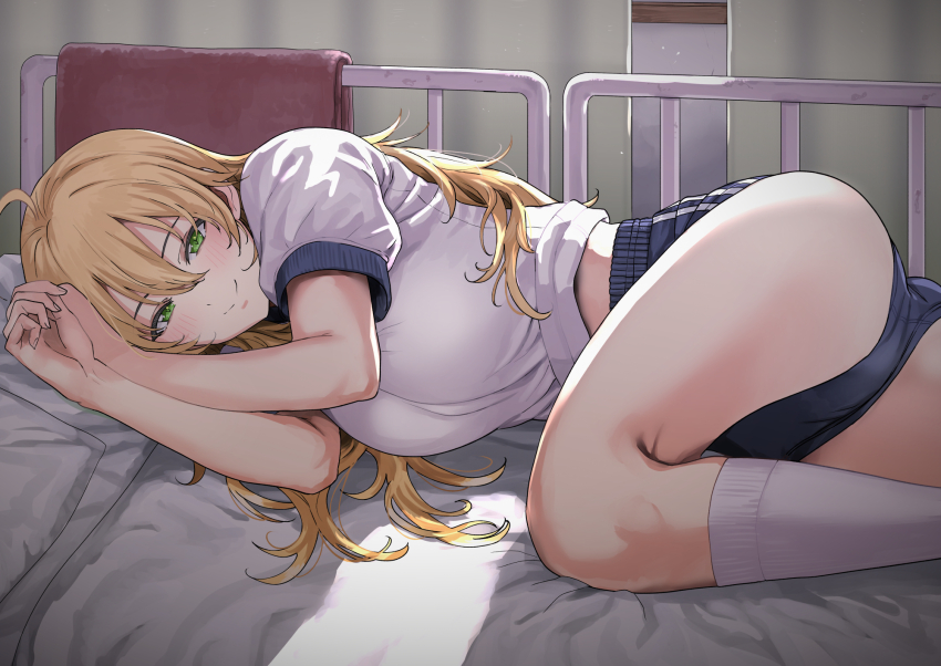 1girl ahoge ass blonde_hair blue_buruma blue_shorts blush breasts buruma green_eyes gym_shirt gym_shorts gym_uniform highres hoshii_miki idolmaster large_breasts long_hair looking_at_viewer lying on_bed shirt shorts smile solo thighs tsurui white_shirt