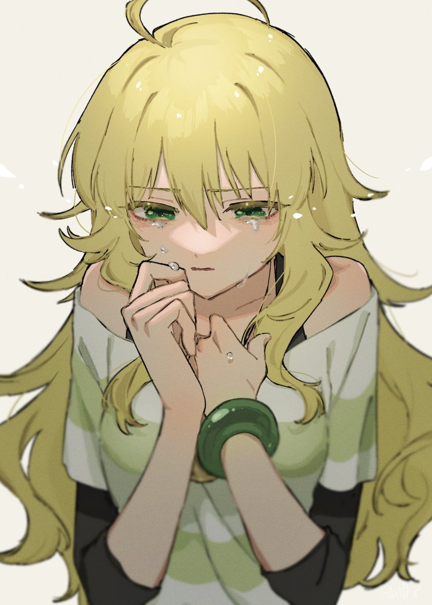 1girl absurdres ageharuuu ahoge blonde_hair bracelet green_eyes highres hoshii_miki idolmaster idolmaster_(classic) jewelry long_hair shirt solo striped_clothes striped_shirt tears wiping_tears