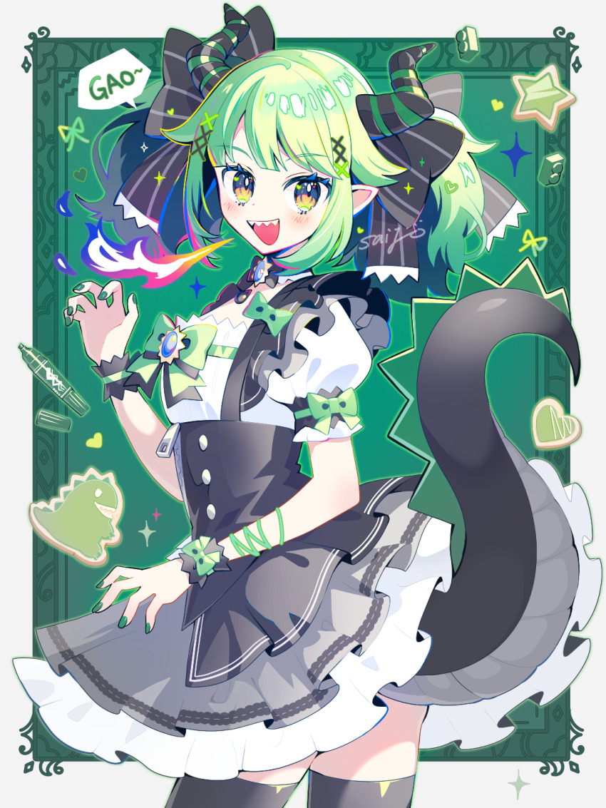 1girl animal_ears blush bow bowtie brooch cowboy_shot dragon_tail frills gao green_bow green_bowtie green_eyes green_nails green_skirt green_thighhighs hair_bow hair_ornament hairpin hand_up heart highres horns jewelry looking_at_viewer monster_girl open_mouth original pencil pointy_ears puffy_short_sleeves puffy_sleeves saijo1201 sharp_teeth shirt short_sleeves short_twintails sidelocks skirt sleeve_bow smile solo star_(symbol) tail teeth thighhighs twintails white_shirt wrist_cuffs