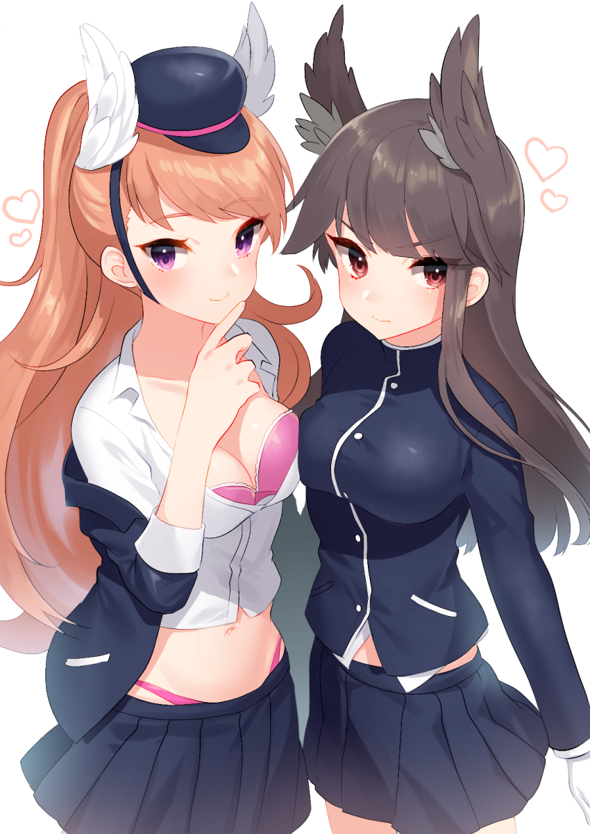 2girls akagi_kurage animal_ears azur_lane black_hat black_jacket black_skirt blush bra breasts brown_hair cleavage closed_mouth feathered_wings gloves hat head_wings heart highres jacket large_breasts light_brown_hair long_hair long_sleeves looking_at_viewer medium_breasts mini_hat multiple_girls myoukou_(azur_lane) nachi_(azur_lane) navel off_shoulder panties peaked_cap pink_bra pink_panties pleated_skirt purple_eyes red_eyes shirt simple_background skirt smile underwear very_long_hair white_background white_gloves white_shirt white_wings wings